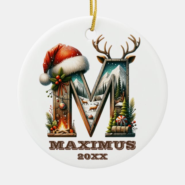 Christmas Rustic Letter M Festive Woodland Charm Ceramic Ornament (Front)
