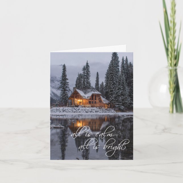 Christmas Rustic Log Cabin Woods Lake Holiday Card (Front)