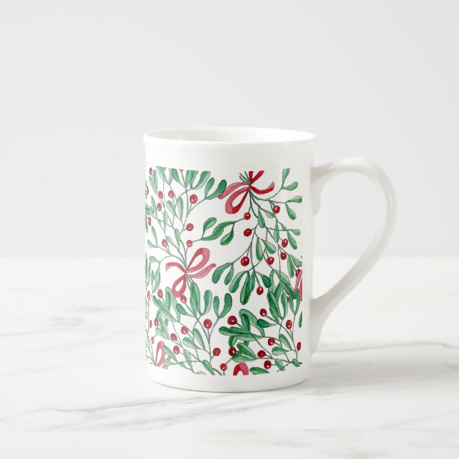 Christmas Rustic Mistletoe Watercolor Hand-painted Bone China Mug (Right)