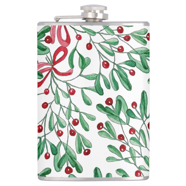 Christmas Rustic Mistletoe Watercolor Hand-painted Hip Flask (Front)