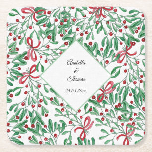 Christmas Rustic Mistletoe Watercolor Hand-painted Square Paper Coaster