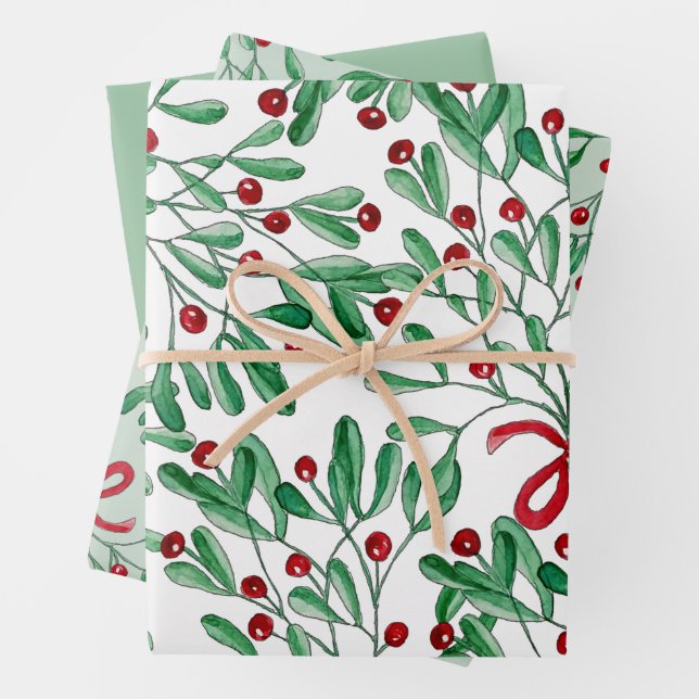 Christmas Rustic Mistletoe Watercolor Hand-painted Wrapping Paper Sheet (In situ)