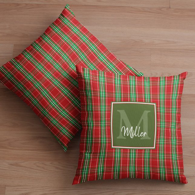 Christmas Rustic Monogram Green Holiday Plaid Cushion (Red and green monogram plaid throw pillow. )