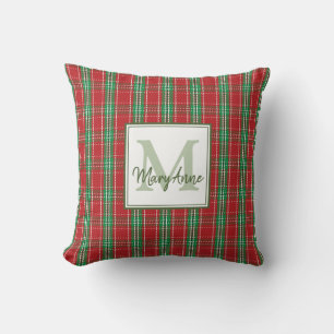 Christmas Rustic Monogram Red Holiday Plaid Cushion