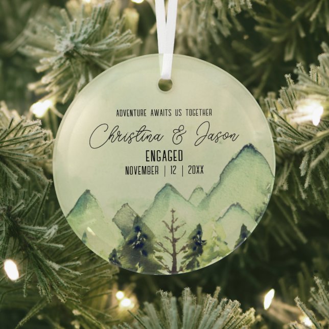 Christmas Rustic Mountain Hiking Engagement Green Glass Tree Decoration (Insitu)