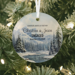 Christmas Rustic Mountain River Couple Engage Blue Glass Tree Decoration