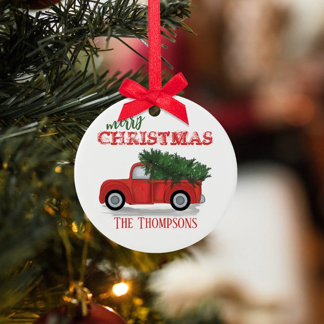 Christmas Rustic Photo Red Truck Holiday Custom  Ceramic Ornament (Christmas rustic vintage style red truck ceramic circle ornament. )
