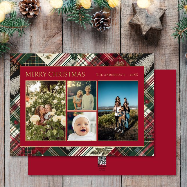 Christmas Rustic Plaid Family 4 Photo Collage Holiday Card (Creator Uploaded)