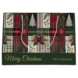 Christmas Rustic Plaid Traditional Green Pattern Large Gift Bag