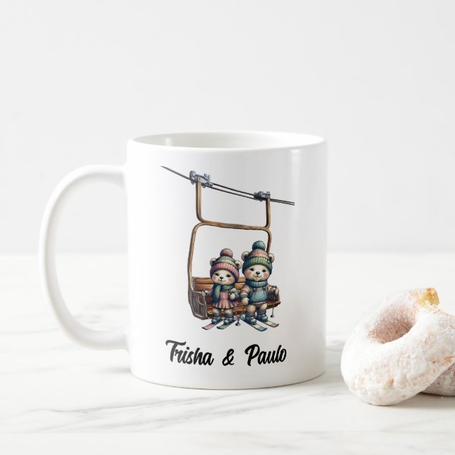 Christmas Rustic Ski Lift Teddy Bear Art Red Green Coffee Mug (With Donut)