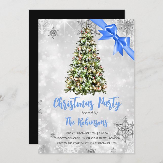 Christmas | Rustic Tree & Blue Ribbon Holiday Glam Invitation (Front/Back)