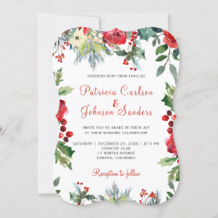 Christmas rustic watercolor floral red wedding invitation