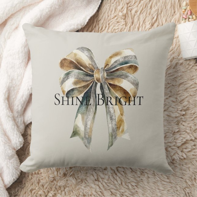 Christmas Rustic White Green Gold Bow  Cushion (Blanket)