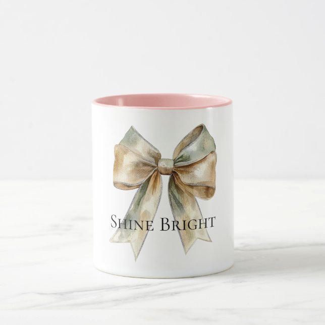 Christmas Rustic White Green Gold Bow Personalised Mug (Center)