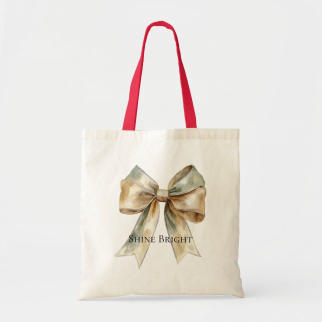 Christmas Rustic White Green Gold Bow Personalised Tote Bag (Front)