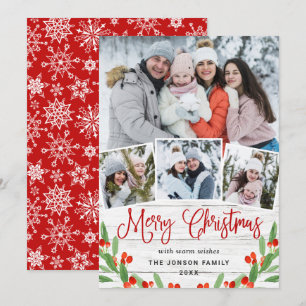 Christmas Rustic White Wood 4 PHOTO Greeting Holiday Card