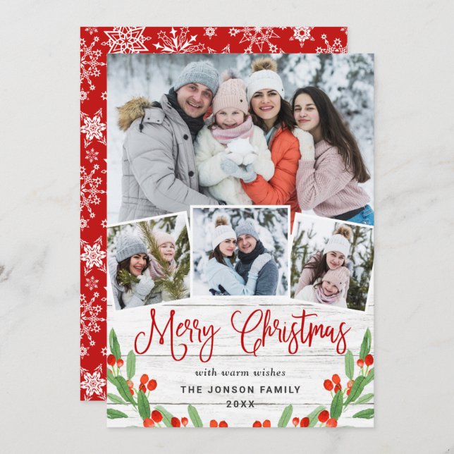 Christmas Rustic White Wood 4 PHOTO Greeting Holiday Card (Front/Back)