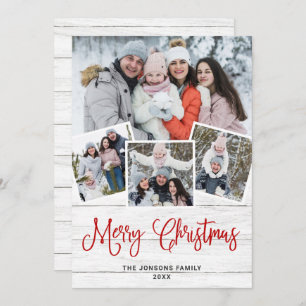 Christmas Rustic White Wood 4 PHOTO Greeting Holiday Card