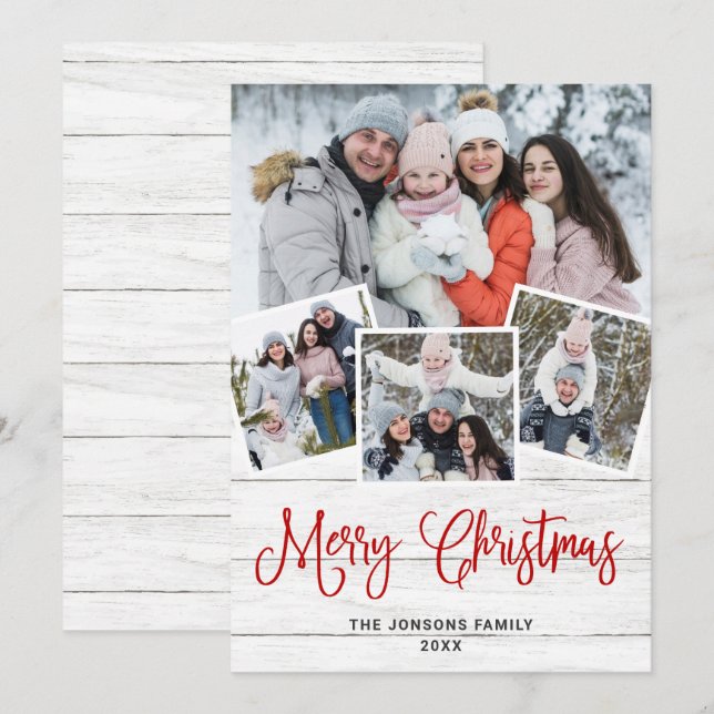 Christmas Rustic White Wood 4 PHOTO Greeting Holiday Card (Front/Back)