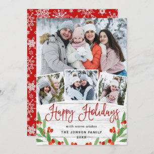 Christmas Rustic White Wood 4 PHOTO Greeting Holiday Card