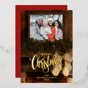 Christmas Rustic Winter Fireplace Photo Foil Holiday Card