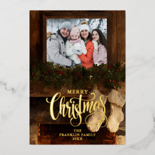 Christmas Rustic Winter Fireplace Photo Foil Holiday Card