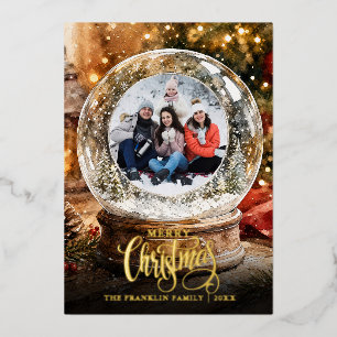 Christmas Rustic Winter Snow Globe Photo Foil Holiday Card