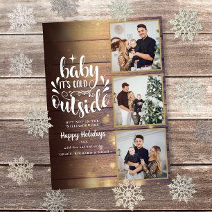 Christmas Rustic Wood 3 Photo Collage Holiday Card