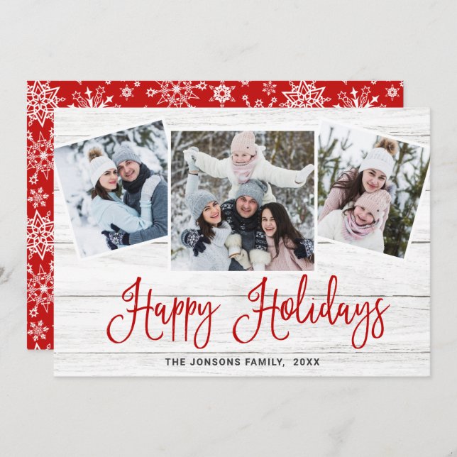 Christmas Rustic Wood 3 PHOTO Greeting Holiday Card (Front/Back)