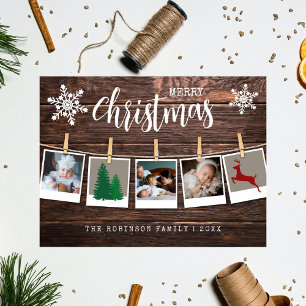Christmas Rustic Wood 3 Photo Snapshots Collage Holiday Postcard
