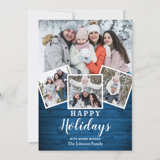 Christmas Rustic Wood 4 PHOTO Greeting Holiday Card (Front)