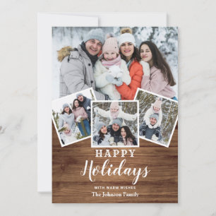 Christmas Rustic Wood 4 PHOTO Greeting Holiday Card