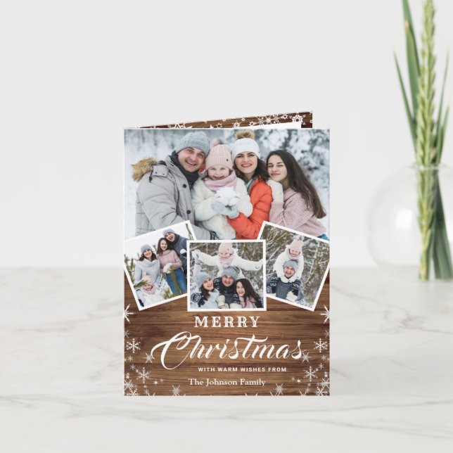Christmas Rustic Wood 4 PHOTO Greeting Holiday Card (Front)