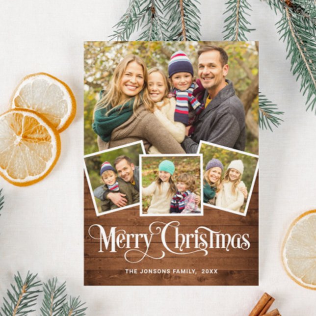 Christmas Rustic Wood 4 PHOTO Greeting Holiday Card (Creator Uploaded)