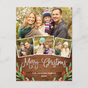 Christmas Rustic Wood 4 PHOTO Greeting Holiday Postcard