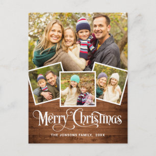 Christmas Rustic Wood 4 PHOTO Greeting Holiday Postcard