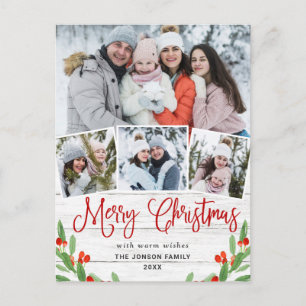 Christmas Rustic Wood 4 PHOTO Greeting Holiday Postcard