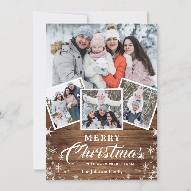 Christmas Rustic Wood 4 PHOTO Greeting QR code Holiday Card (Front)