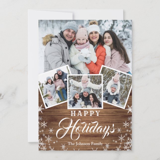 Christmas Rustic Wood 4 PHOTO Greeting QR code Holiday Card (Front)