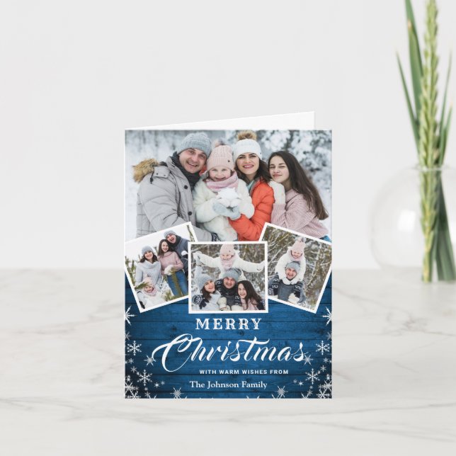 Christmas Rustic Wood 4 PHOTO Greeting QR code Holiday Card (Front)