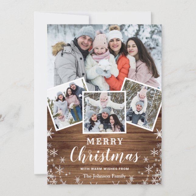 Christmas Rustic Wood 5 PHOTO Greeting Holiday Card (Front)