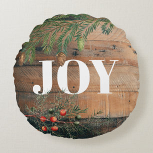 Christmas Rustic Wood Joy  Round Cushion