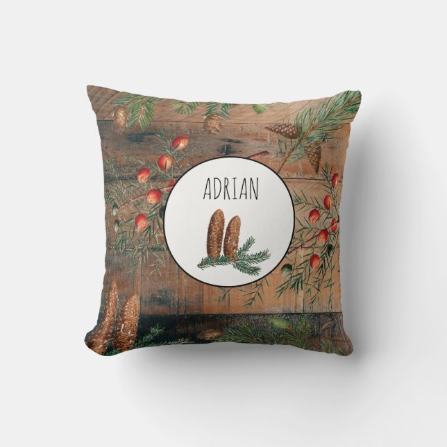 Christmas Rustic Wood Merry Christmas Custom Name Cushion (Front)