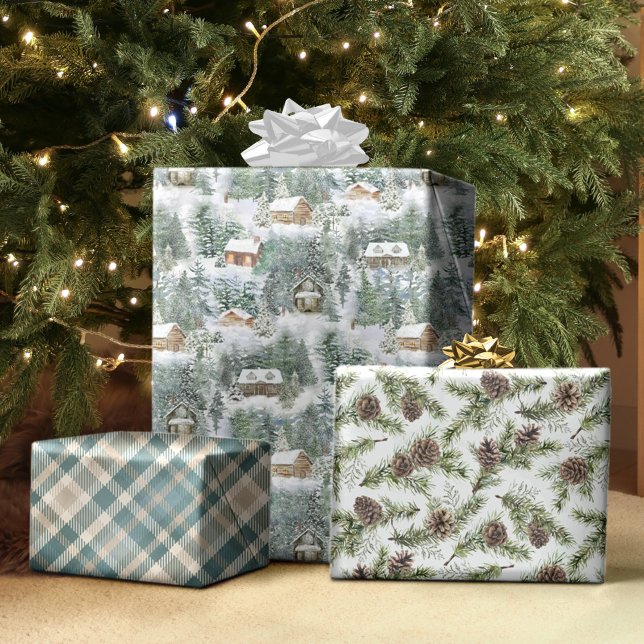 Christmas Rustic Woodland Forest Cabins Holiday  Wrapping Paper Sheet (Creator Uploaded)
