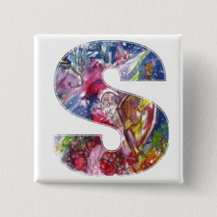 CHRISTMAS S LETTER  / SANTA  PLAYING HARP 15 CM SQUARE BADGE