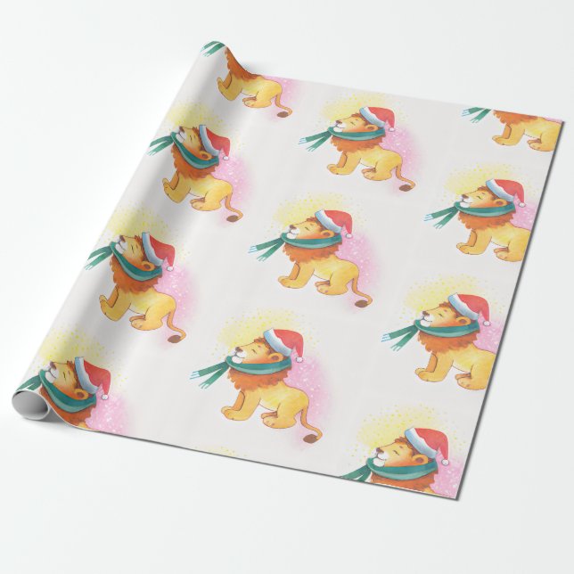 Christmas Safari Animal Lion with Santa Cap Wrapping Paper (Unrolled)