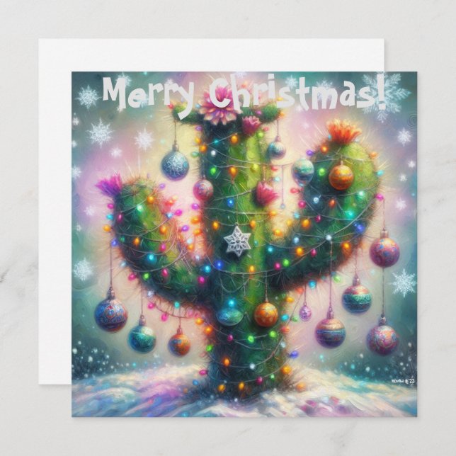 Christmas Saguaro Cactus Whimsical Snowflakes Card (Front/Back)