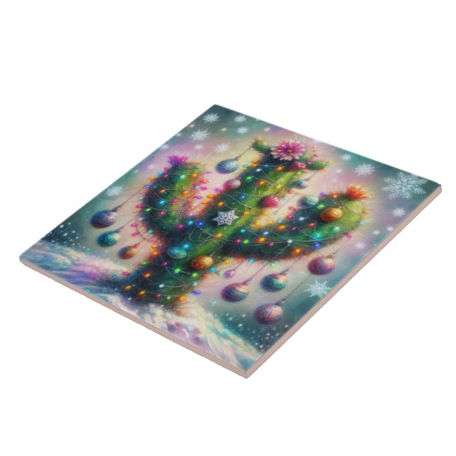 Christmas Saguaro Cactus Whimsical Snowflakes  Ceramic Tile (Side)