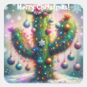 Christmas Saguaro Cactus Whimsical Snowflakes  Square Sticker