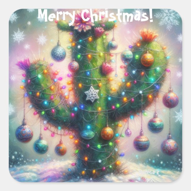 Christmas Saguaro Cactus Whimsical Snowflakes  Square Sticker (Front)